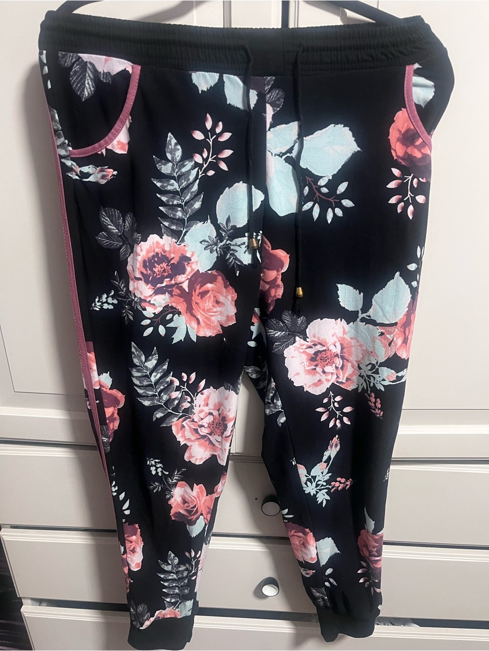 Women's Black Floral Jogger Leggings with Pink Trim